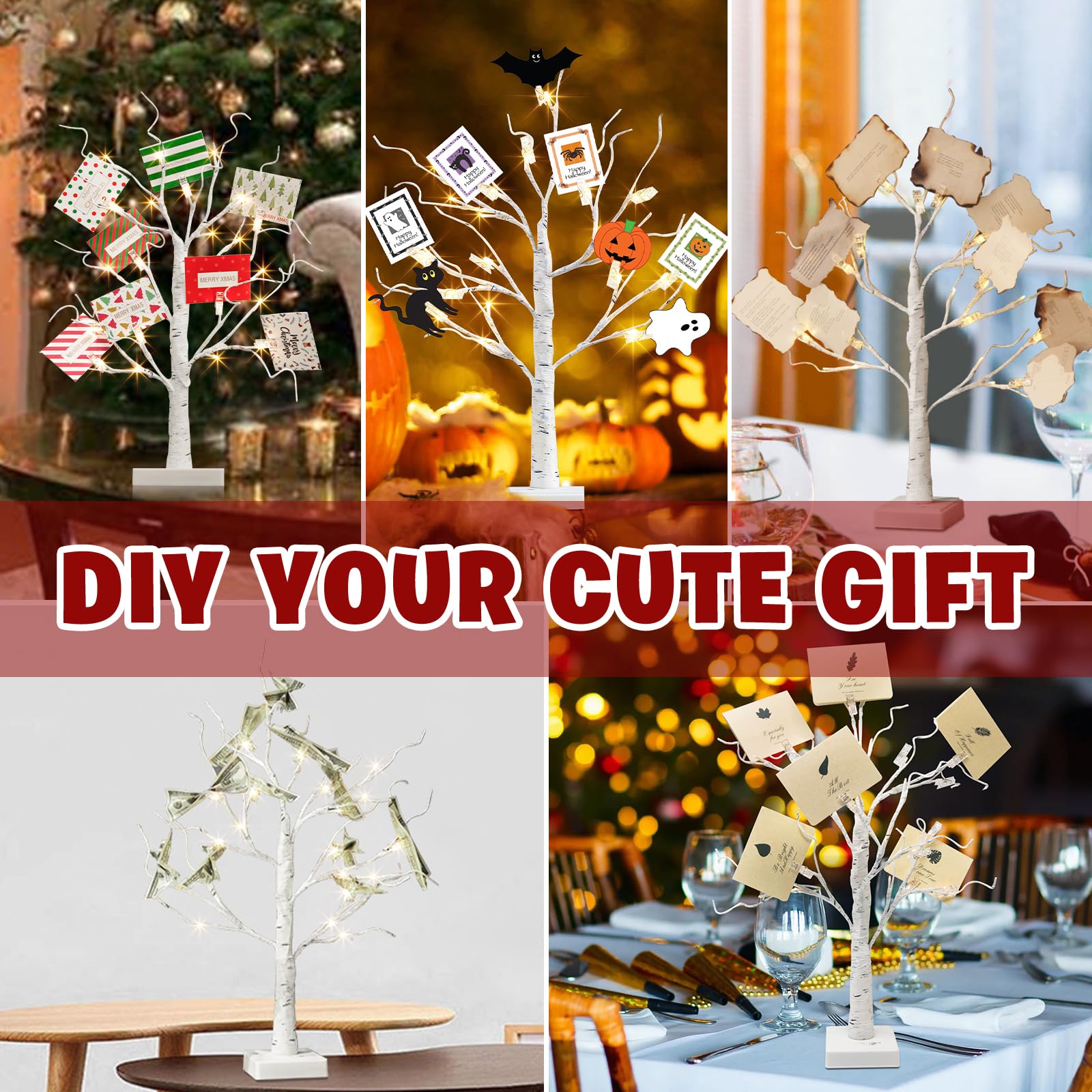 EAMBRITE Christmas Tree with Gift Cards, Money Tree Gift Holder, White Lighted Birch Tree Tabletop 2 FT 24 LED, Light Up Display